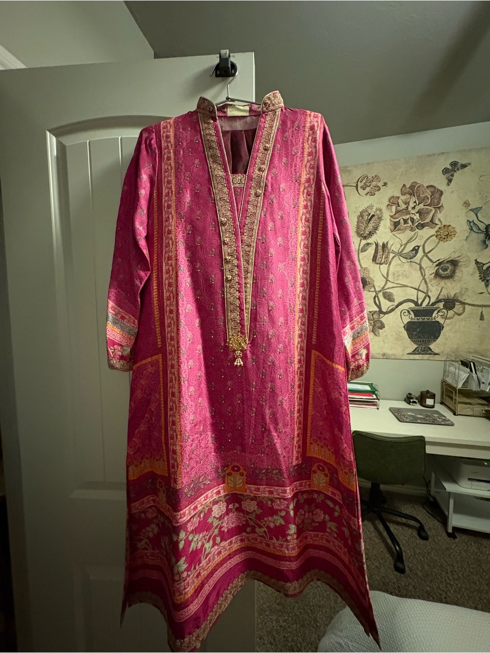 Pink Embroidered Long Wedding Kurta Dress with Gold Trim